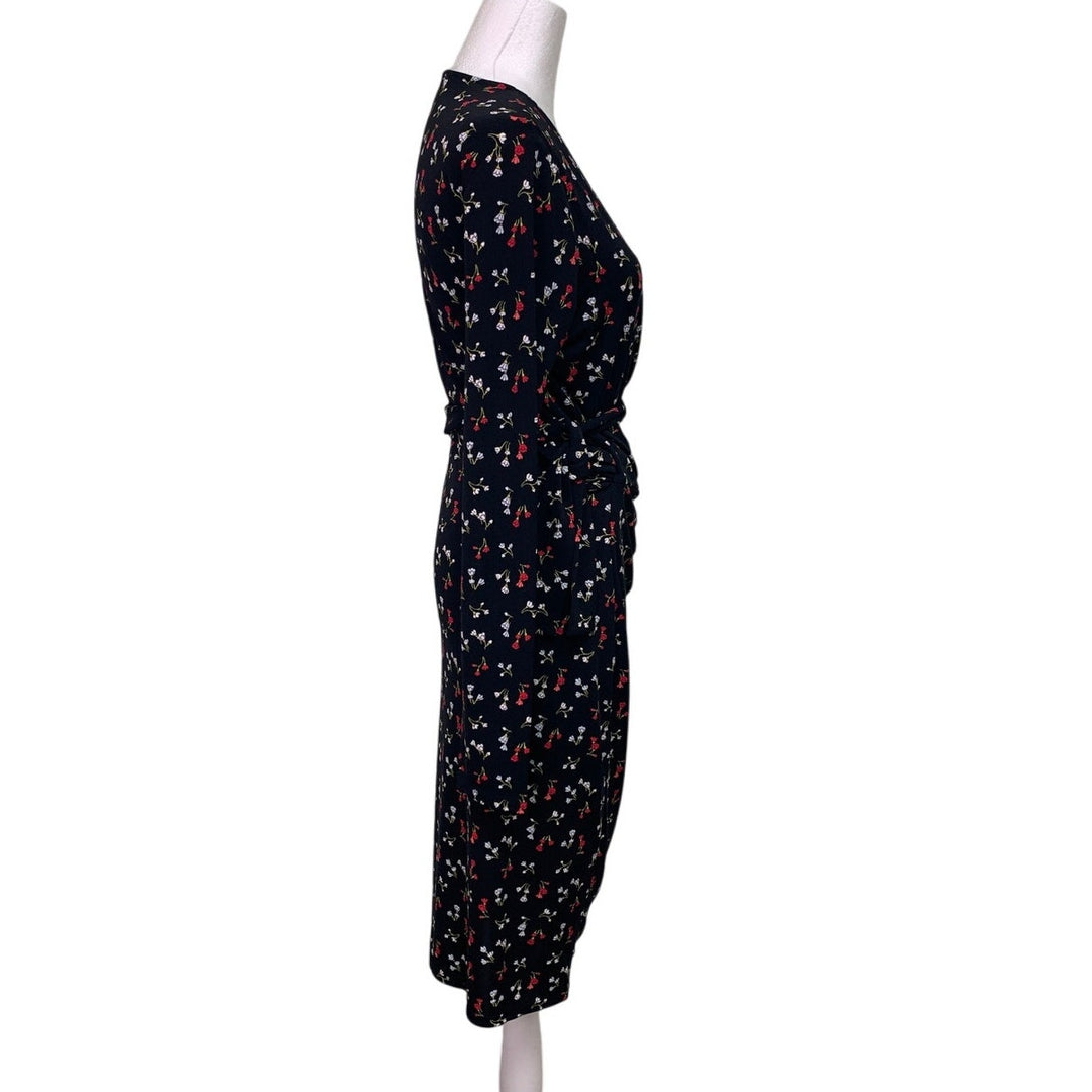 Lark &amp; Ro Womens Medium Red Black Floral Long Sleeve V Neck Belt Tie Wrap Dress