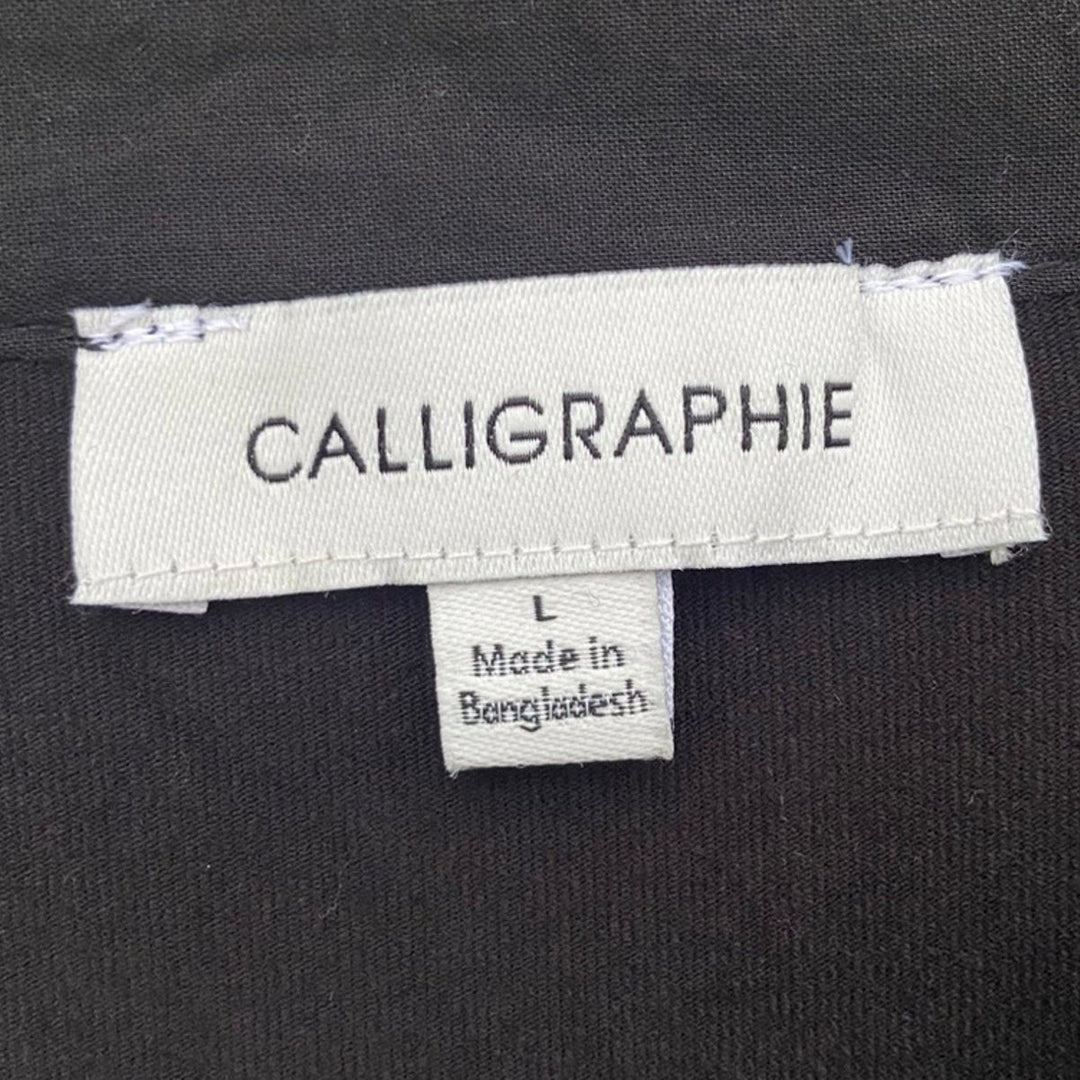 NWT New Calligraphie Womens Large Black V-Neck Puff Sleeve Half Button Blouse