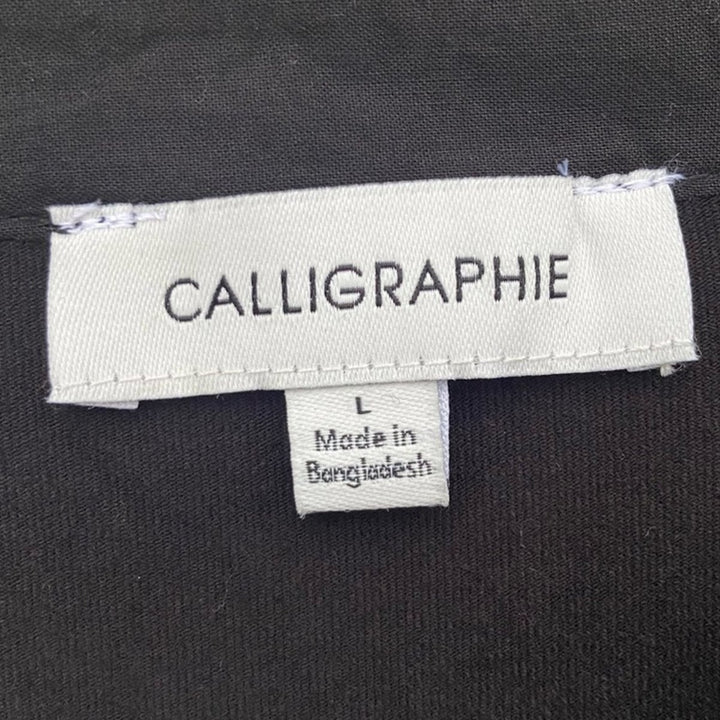NWT New Calligraphie Womens Large Black V-Neck Puff Sleeve Half Button Blouse
