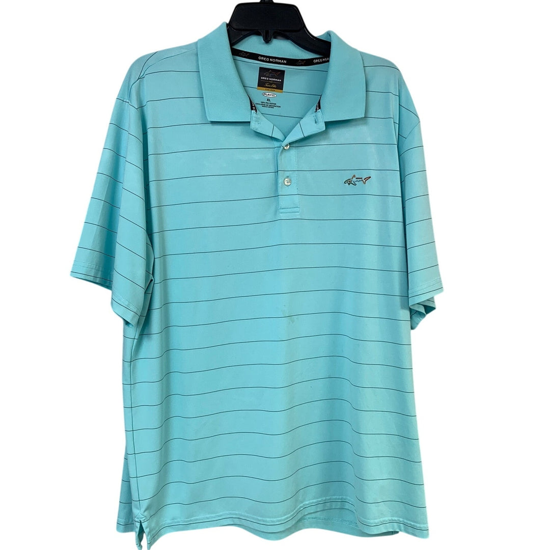 Lot of 2 Greg Norman Tasso Elba Men XL Blue Striped Short Sleeve Polo Shirts EUC
