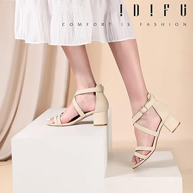 idifu Womens 9.5 Pinky Tan Open Toe 2.25" Block Heel Ankle Strap Sandal Shoes