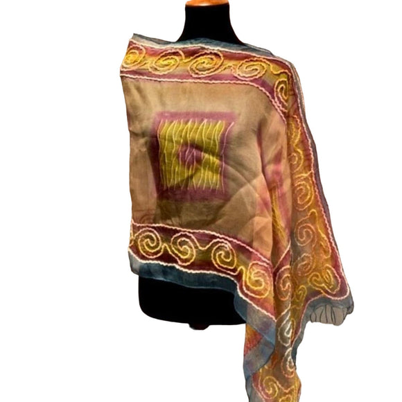 Handmade Upcycled Sari-Inspired Lightweight Blue Gold Red Poncho Wrap Scarf