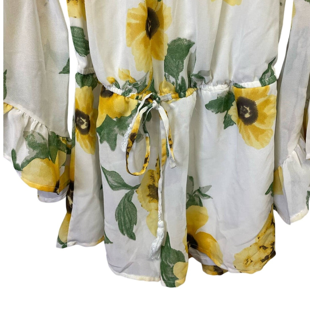 Hint of Blush Small Off Shoulder Sunflower Ruffled Bell Sleeve Polyester Romper