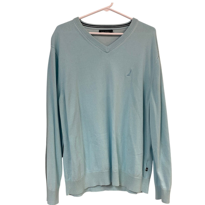 Nautica Mens XL Light Blue Long Sleeve Cotton Blend V Neck Pullover Sweater