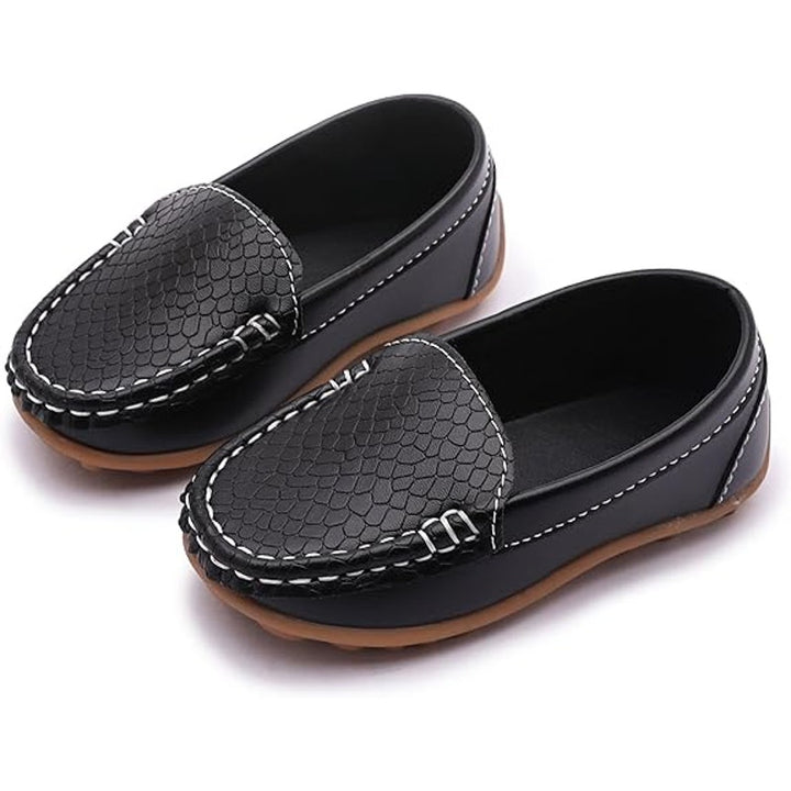 Lonsoen Boys Size 2 Black Faux Leather Slide On Loafer Moccasin Dress Shoes