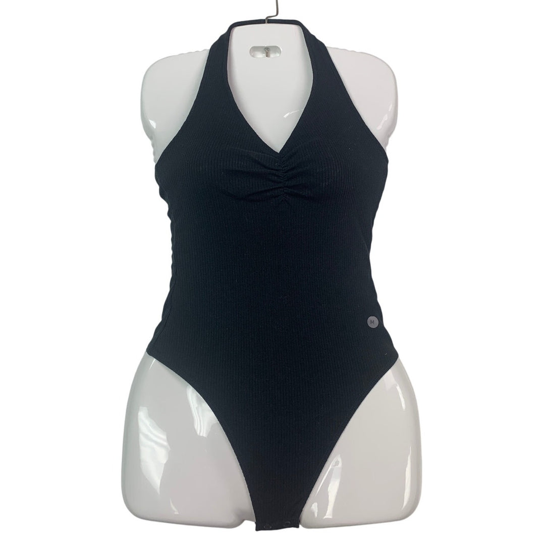 New American Eagle Womens Medium Black Ribbed Halter Snap Closure Bodysuit