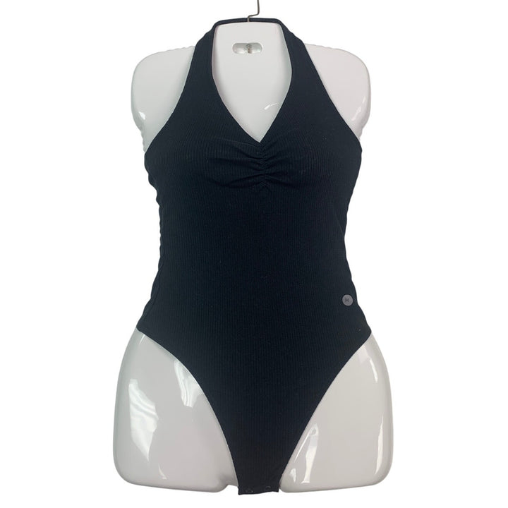 New American Eagle Womens Medium Black Ribbed Halter Snap Closure Bodysuit