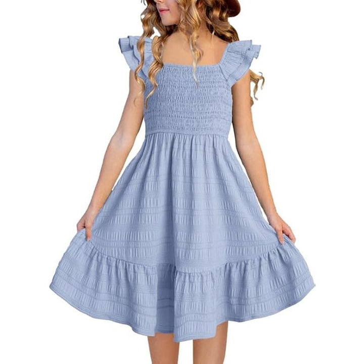 Dokotoo Girls Large Sky Blue Polyester Blend Sleeveless Smocked A Line Dress