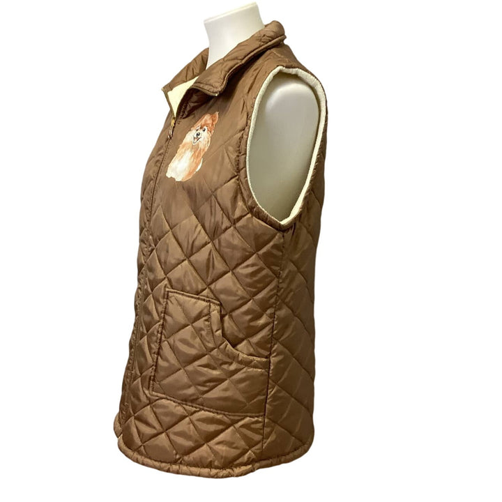 Hand Printed Upcycled Womens Large Pomeranian Dog Quilted Fleece Vest Jacket