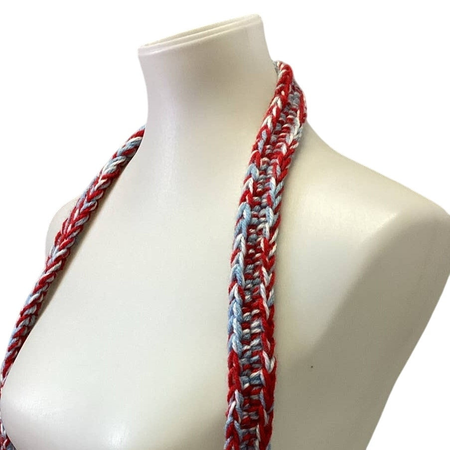 Handmade Knit Red White Blue Yarn Crossbody Pouch Buttoned Handbag Purse Bag