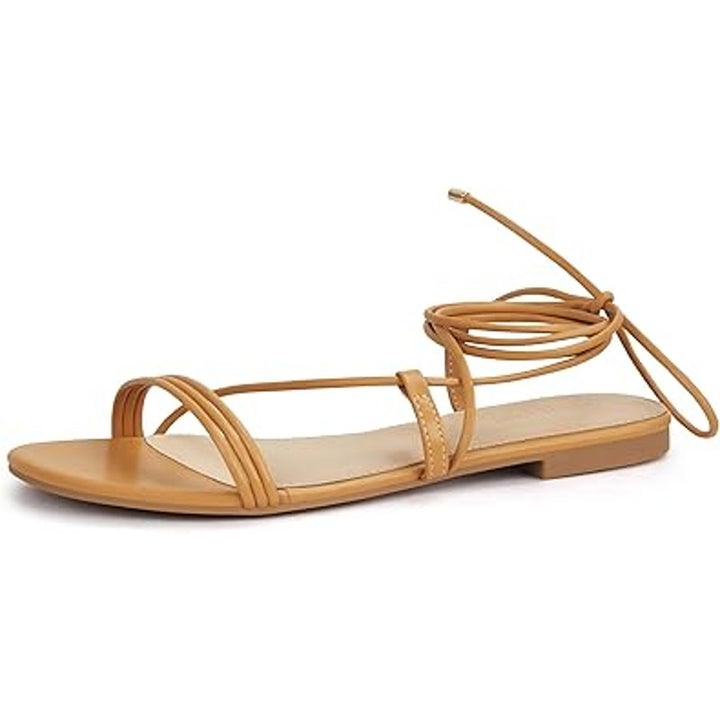 Party Womens Size 6 Tan Strappy Ankle Wrap Lace Up Open Toe Flat Sandal Shoes