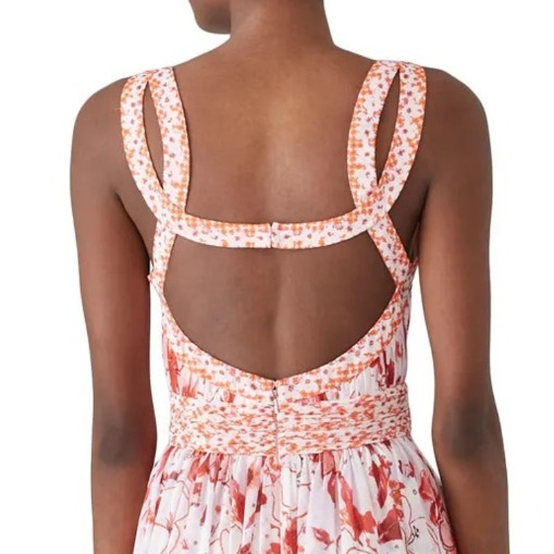 Badgley Mischka Size 14 Pink Floral Cris Cross Back Deep V Flowy Maxi Dress Gown