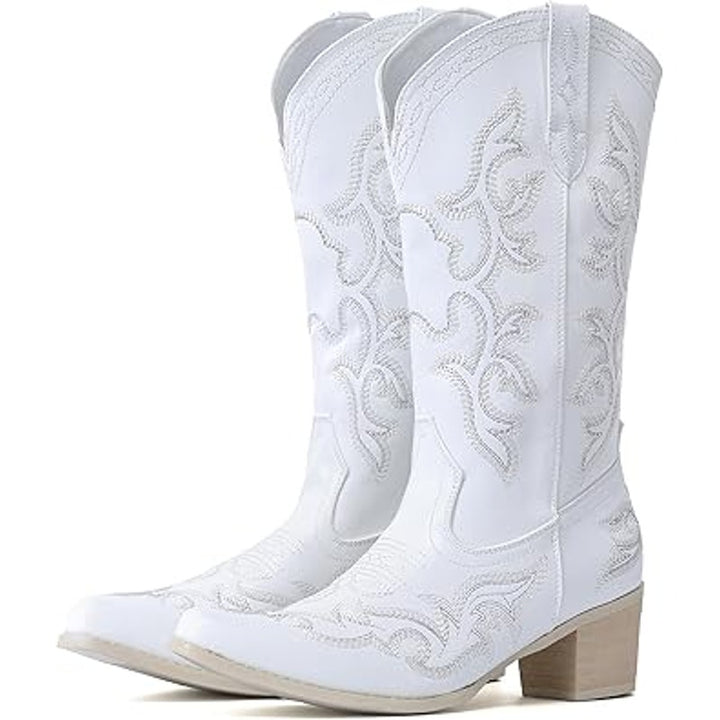 IUV Womens Size 8 White Faux Leather 2" Block Heel Pull On Western Cowboy Boots