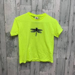 Hand Printed Upcycled Kids Medium Dragonfly Neon Yellow Short Sleeve Tee Shirt