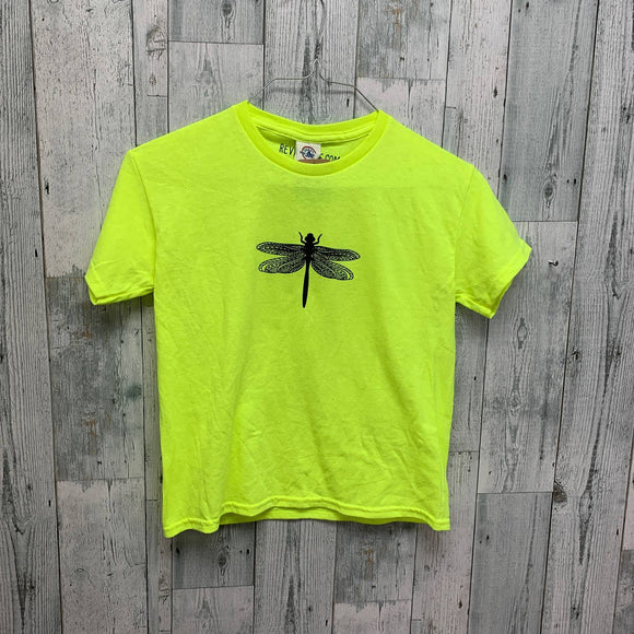 Hand Printed Upcycled Kids Medium Dragonfly Neon Yellow Short Sleeve Tee Shirt