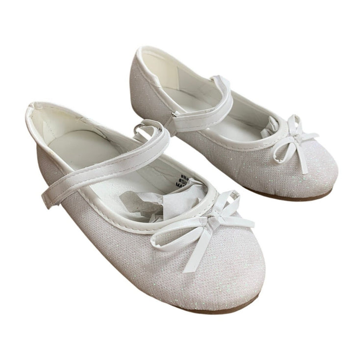 Ginfive Toddler Girls Size 8 White Glitter Bow Hook Loop Mary Jane Dress Shoes