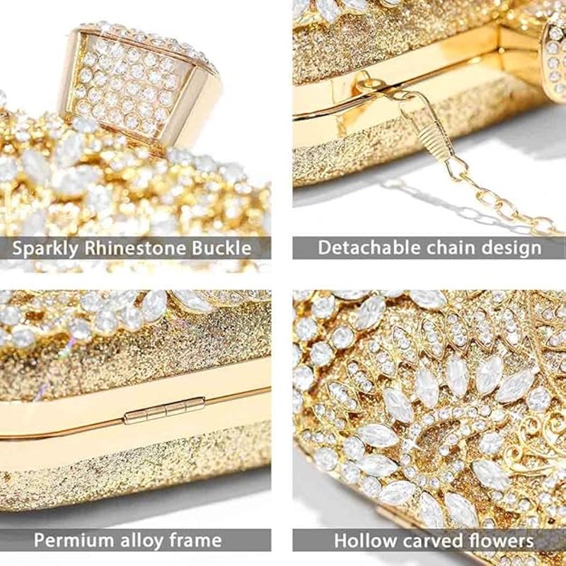 New Yokawe Womens Gold Silver Rhinestone Crystal Clutch Bag Purse Optional Chain