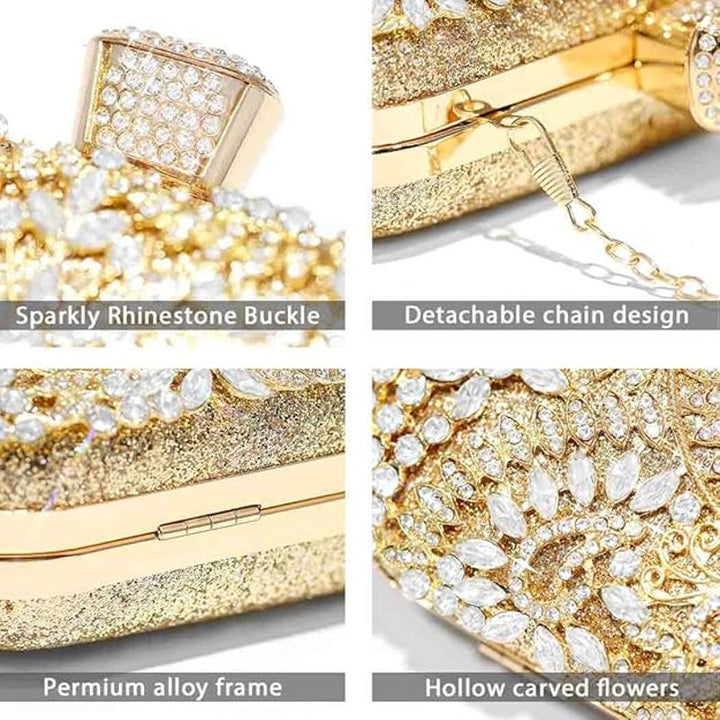New Yokawe Womens Gold Silver Rhinestone Crystal Clutch Bag Purse Optional Chain