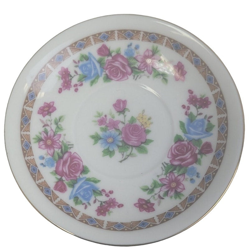 Vintage Made In China Ceramic Gold Rim Floral Pink Blue Rose Teacup Saucer Set