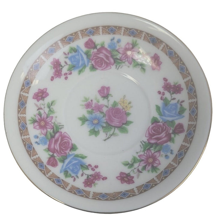 Vintage Made In China Ceramic Gold Rim Floral Pink Blue Rose Teacup Saucer Set