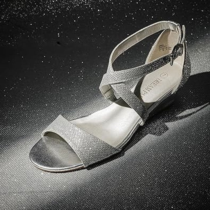Dream Pairs Womens 8W Wide Silver Glitter Ankle Strap Open Toe 2" Wedge Heels