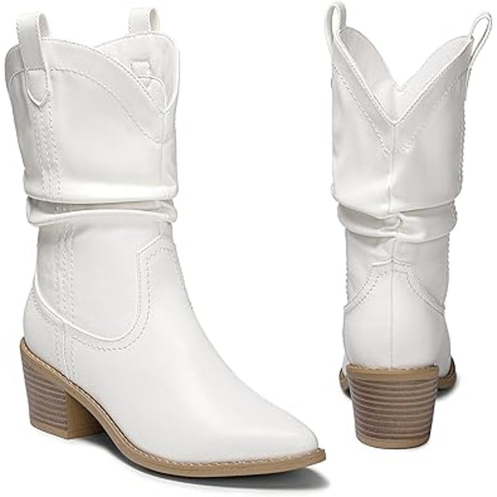 Dream Pairs Womens Size 8 White Faux Leather 2.5" Heel Western Cowboy Boots