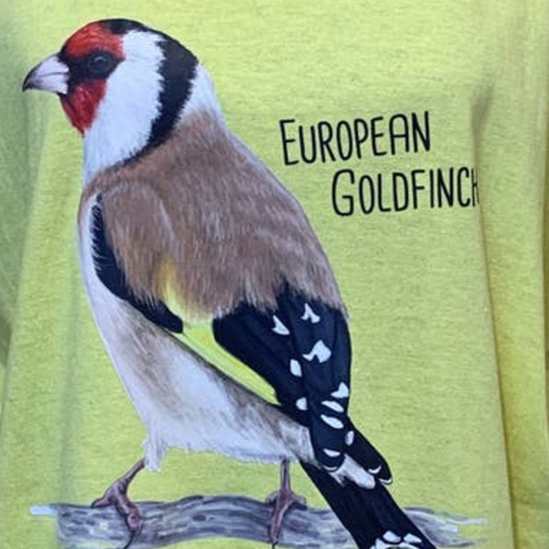 New Hand Printed Mens Large European Goldfinch Ukraine Artist Fundraiser Tee