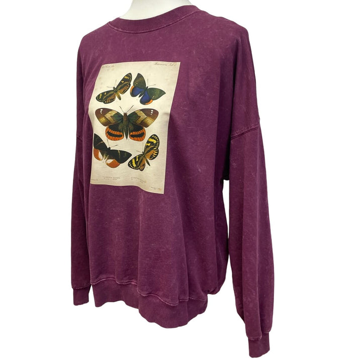 Hand Printed Upcycled Womens XL Vintage Reference Book Butterfly Page Sweatshirt
