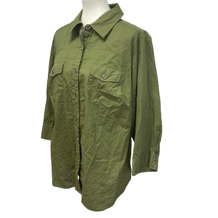 Karen Scott Womens Plus Size 1X 100% Cotton 3/4 Sleeve Button Up Collared Shirt