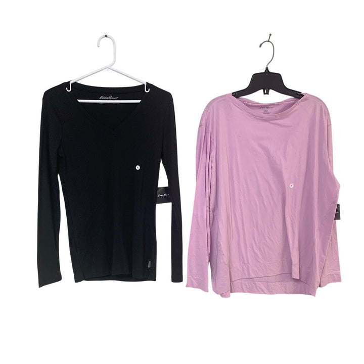 2 New Eddie Bauer Womens Small Long Sleeve Elevate Boat V Neck Tee Shirts