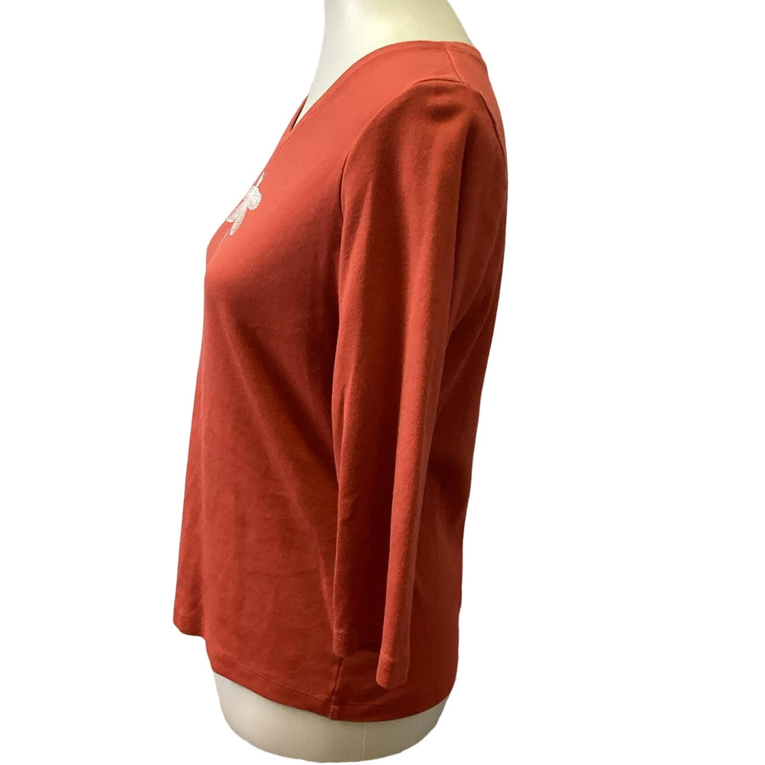 Hand Printed Upcycled Small Dragonfly Cotton Long Sleeve V-Neck Tee Shirt