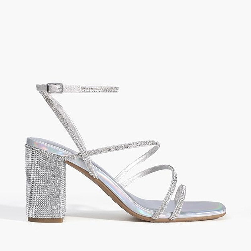 Dream Pairs Womens Size 7.5 Silver Rhinestone 3.5" Block Heel Ankle Strap Shoes