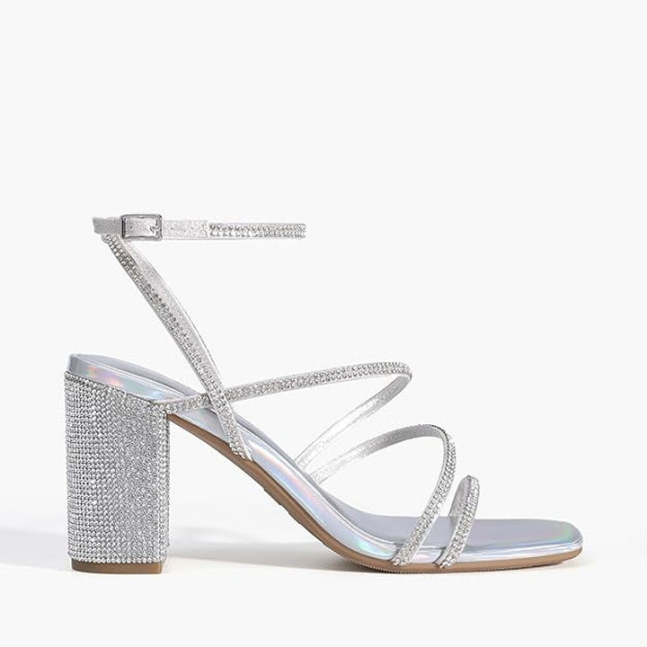 Dream Pairs Womens Size 7.5 Silver Rhinestone 3.5" Block Heel Ankle Strap Shoes