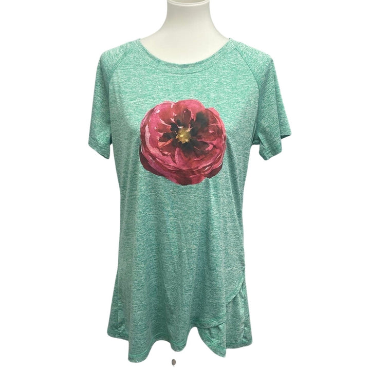 Hand Printed Upcycled XL Watercolor Peony Flower Polyester Blend Crew Neck Tee