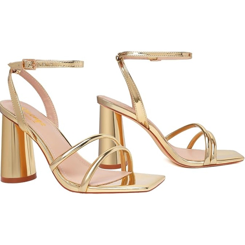 Ribongz Women Size 7.5 Shiny Gold OpenToe Ankle Strap 4" Block Heel Sandal Shoes