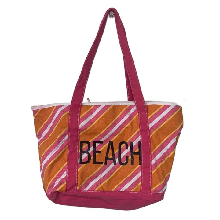 Upcycled Hand Printed Happy Beach Interior Pockets Canvas Double Handle Tote Bag