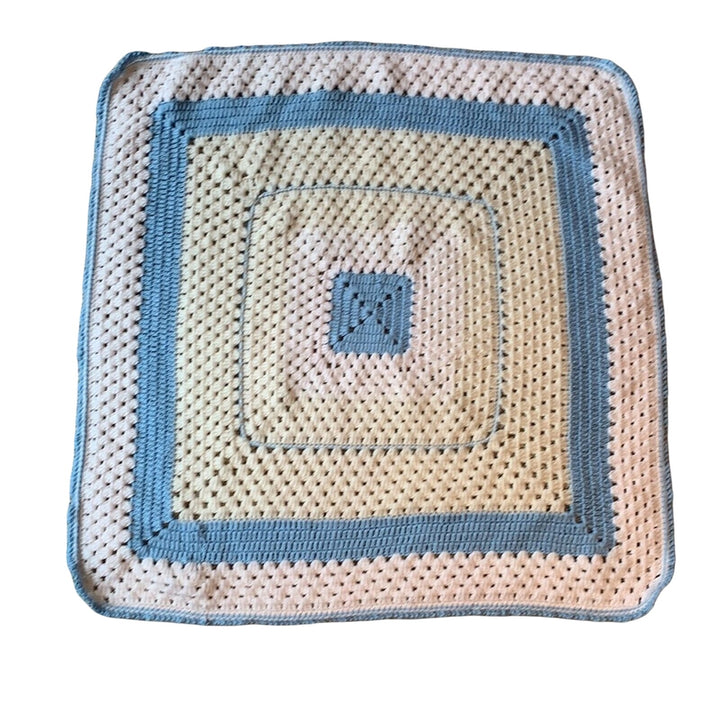Handmade Vintage Crocheted Blue Square Small Baby Afghan Throw Crib Blanket