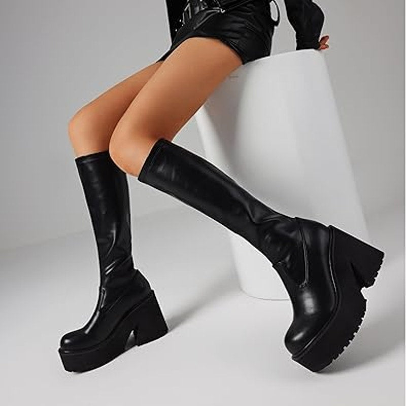 Aminugal Womens Size 10 Black Faux Leather Elastic Knee High Platform Boot Shoes