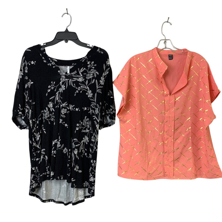 Lot of 2 Anyally Shein Womens XL Pink Black Floral Striped Short Sleeve Tops