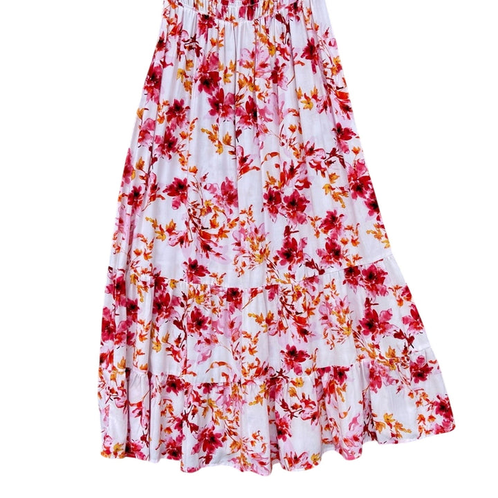 NWT New Cure Womens Medium Smocked Red Pink Floral Fit Flare Rayon Maxi Dress