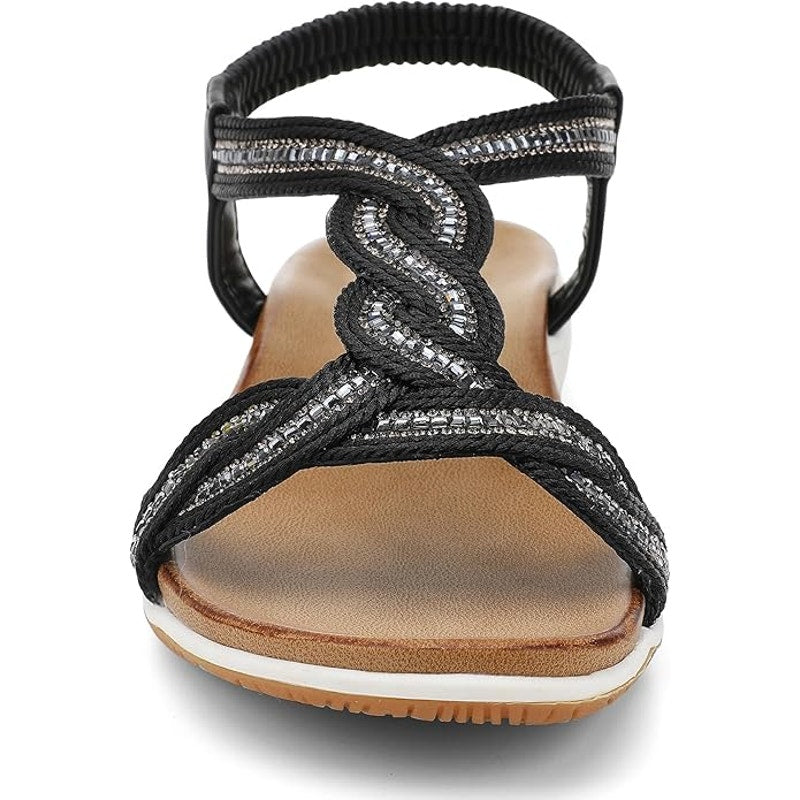 Ubfen Womens Size 11.5 Black Silver Open Toe Elastic Ankle Strap Comfort Sandals