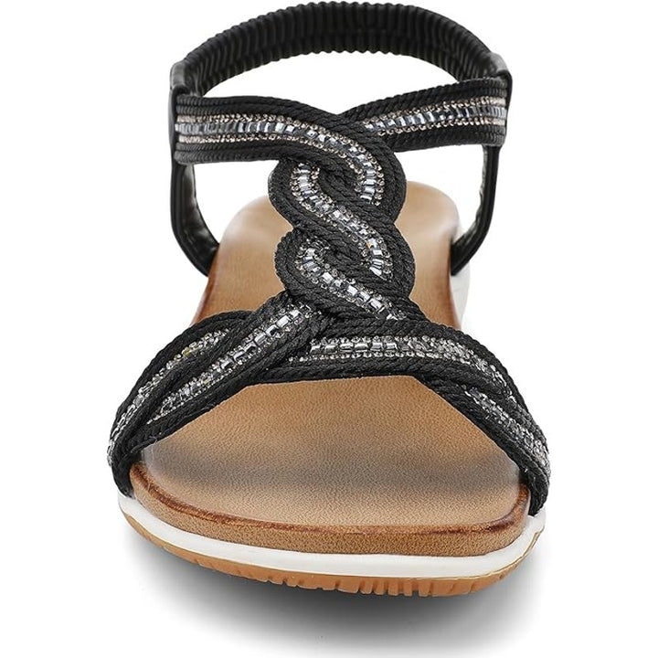 Ubfen Womens Size 11.5 Black Silver Open Toe Elastic Ankle Strap Comfort Sandals