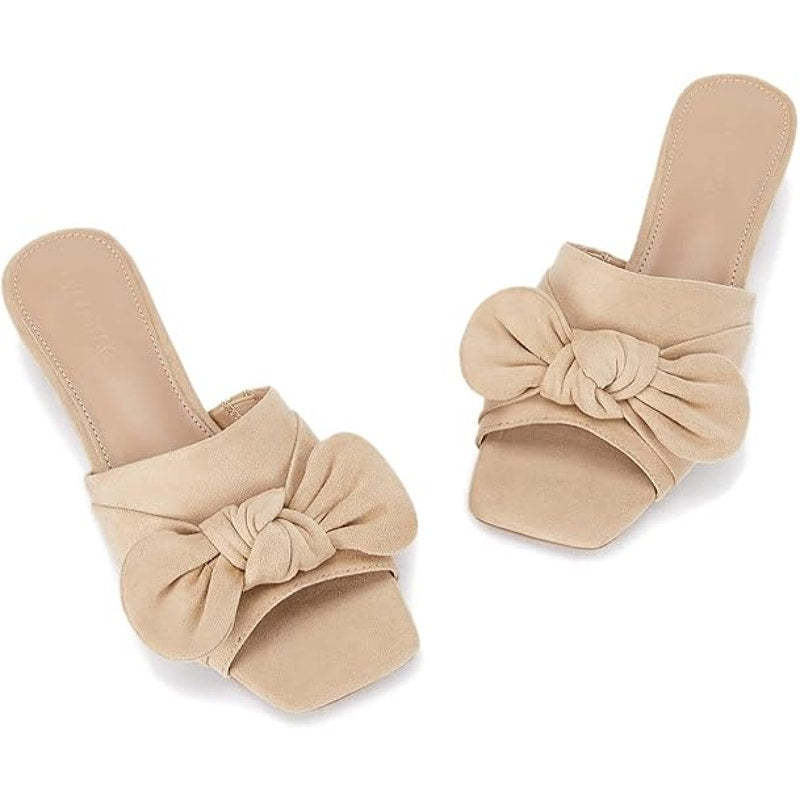Coutgo Women Size 11 Tan Soft Faux Suede Bow Open Toe 2" Block Heel Sandal Shoes