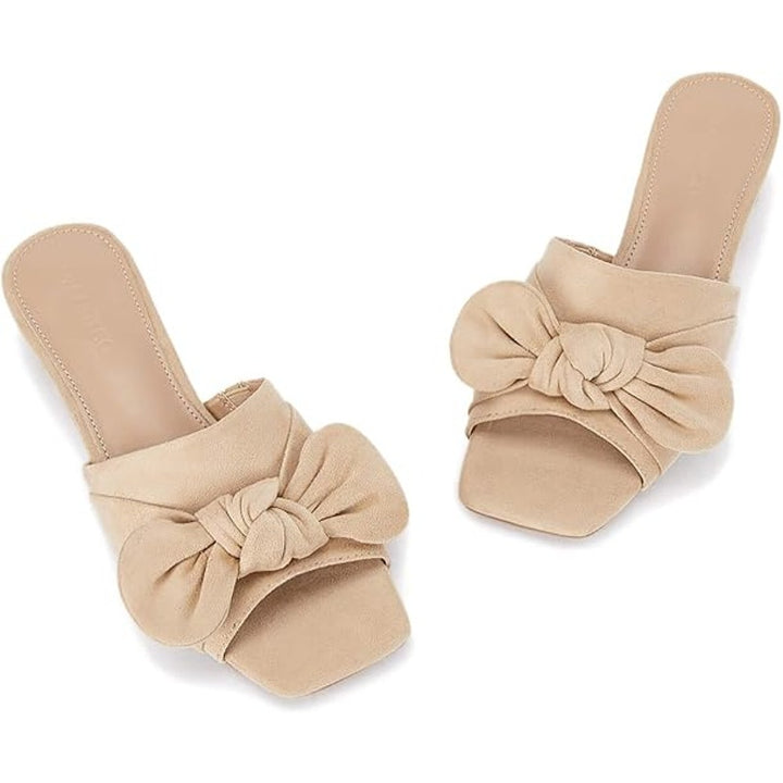 Coutgo Women Size 11 Tan Soft Faux Suede Bow Open Toe 2" Block Heel Sandal Shoes