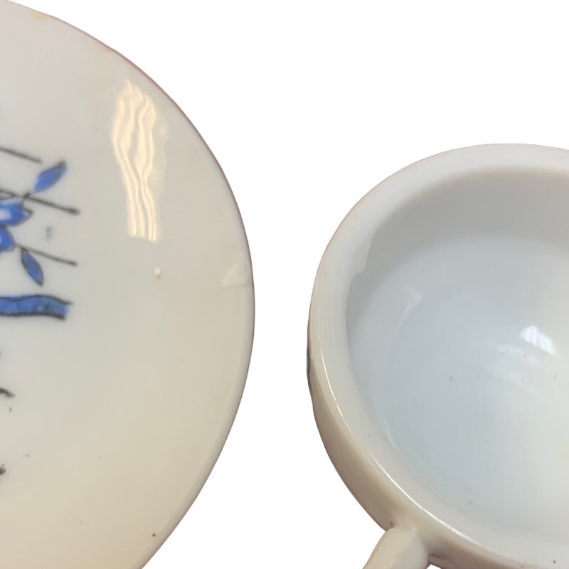 Vintage Mini Ceramic Doll Teapot Teacup Plates Creamer Cups Blue Floral Set