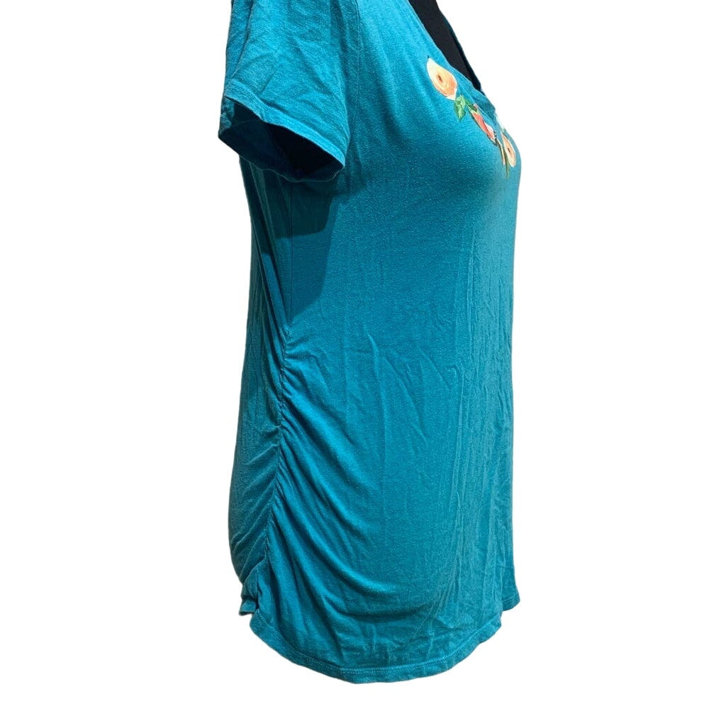 Hand Printed Upcycled Isabel Maternity Medium Flowers Side Gathered Stretchy Tee
