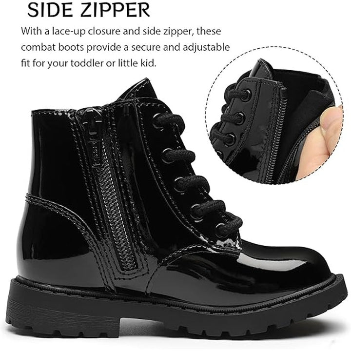 Girls Size 10 Black Patent Leather Lace Up Size Zip Ankle Combat Dressy Boots