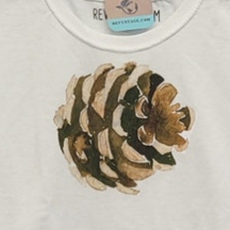 New Hand Printed Upcycled Youth Small Pine Cone Short Sleeve Cotton Blend Tee