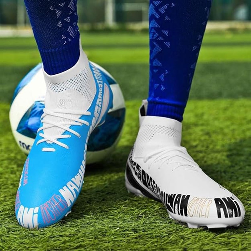 Welrung Men 12 Blue White Lace Up Athletic Non Slip Long Stud Soccer Cleat Shoes