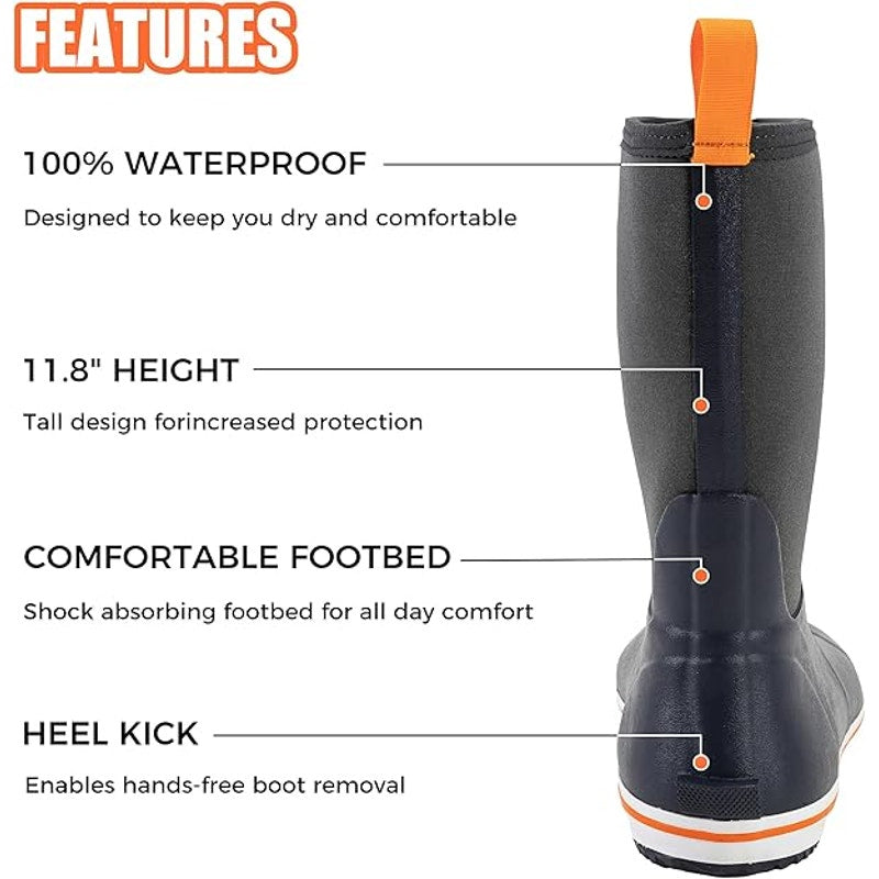 Ubon Mens Size 12 Navy Blue Pull On Waterproof Fishing NonSlip Rubber Rain Boots